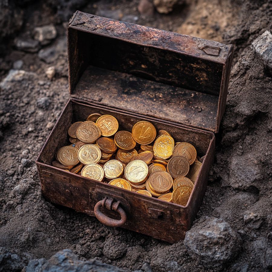 gold coins in a rusty metal box