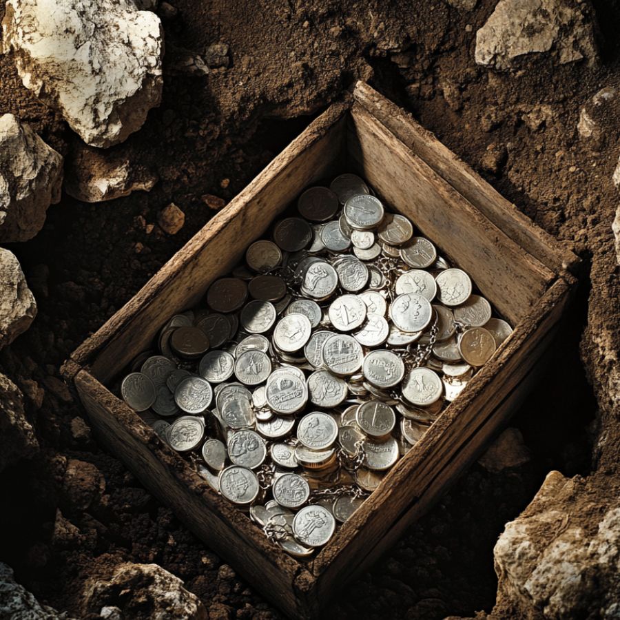 silver coins in a wooden crate buried in the ground