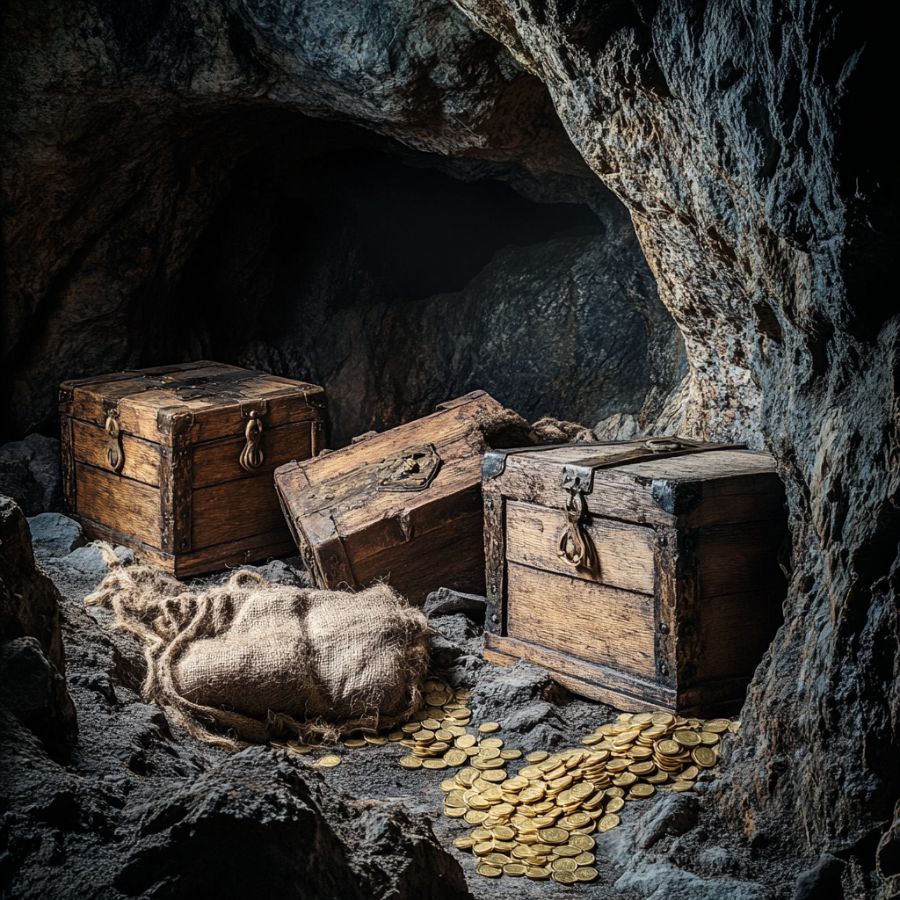 wooden chests, sacks, and scattered gold coins