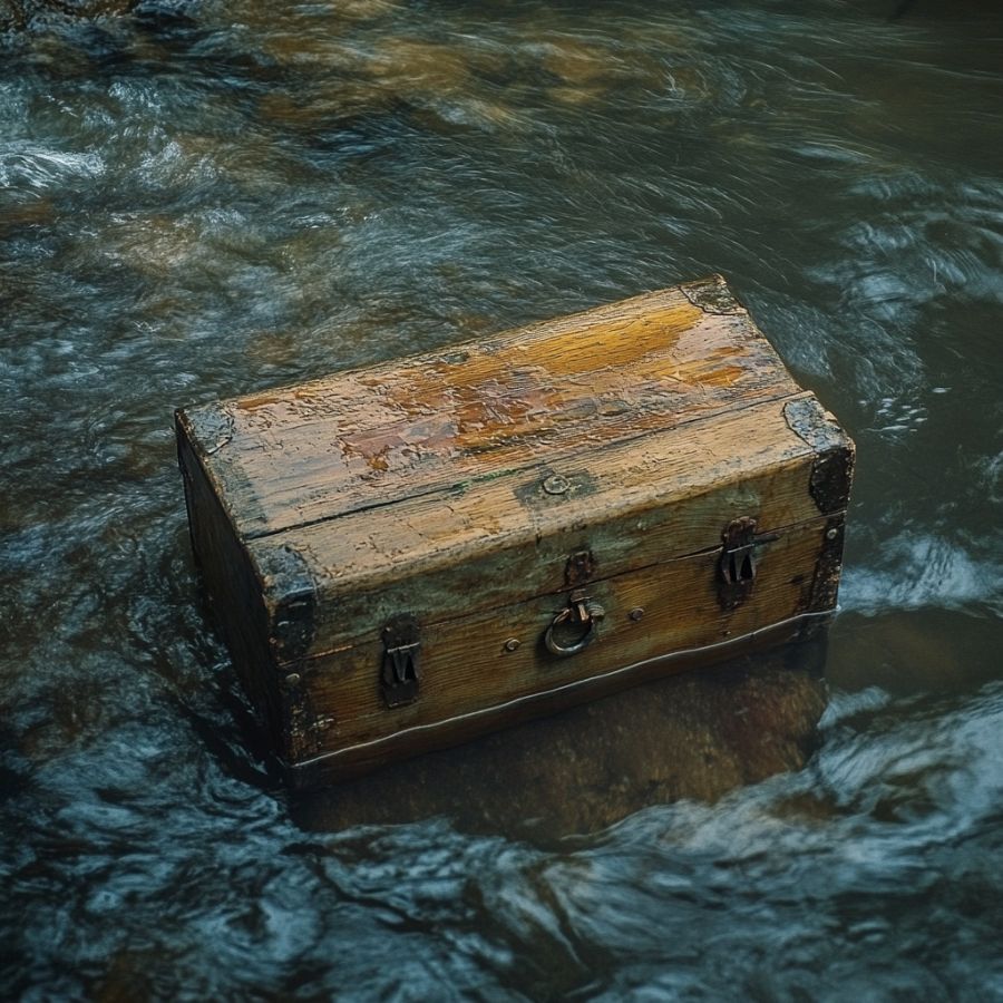 wooden chest in a river