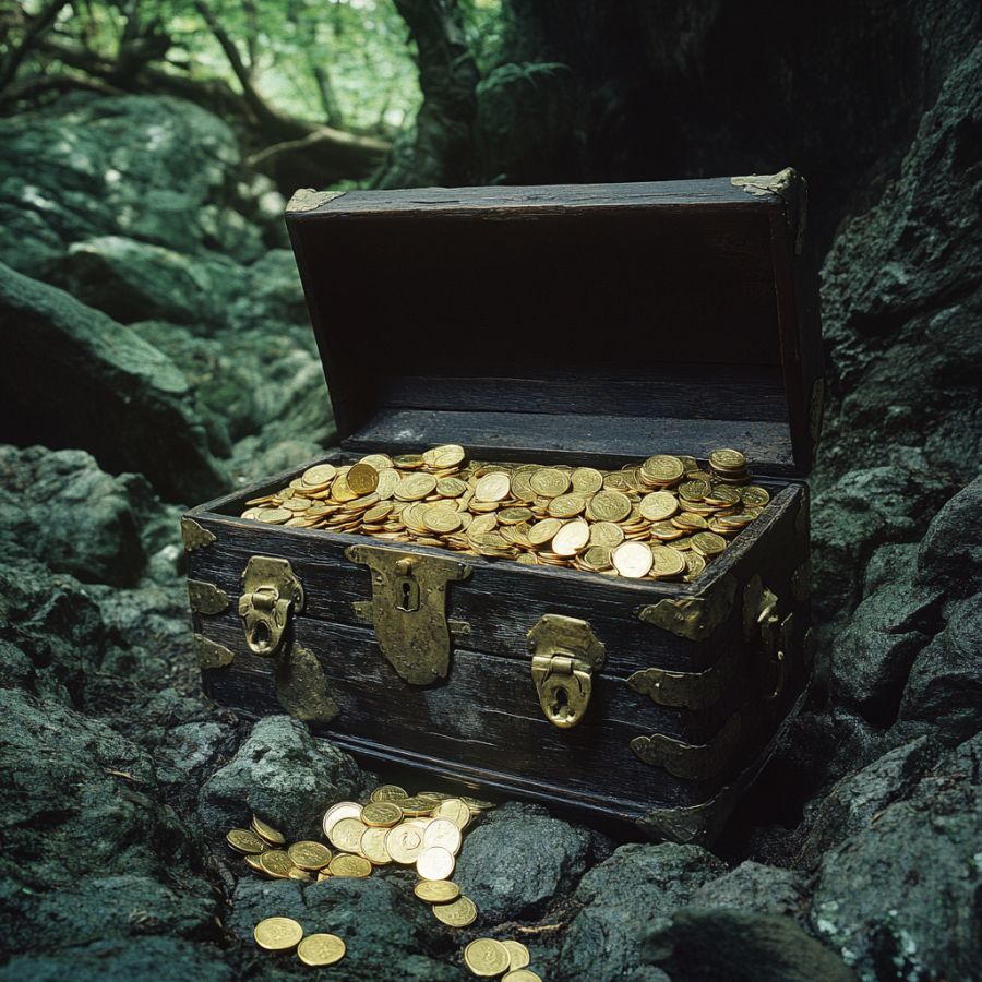 wooden chest full of gold coins