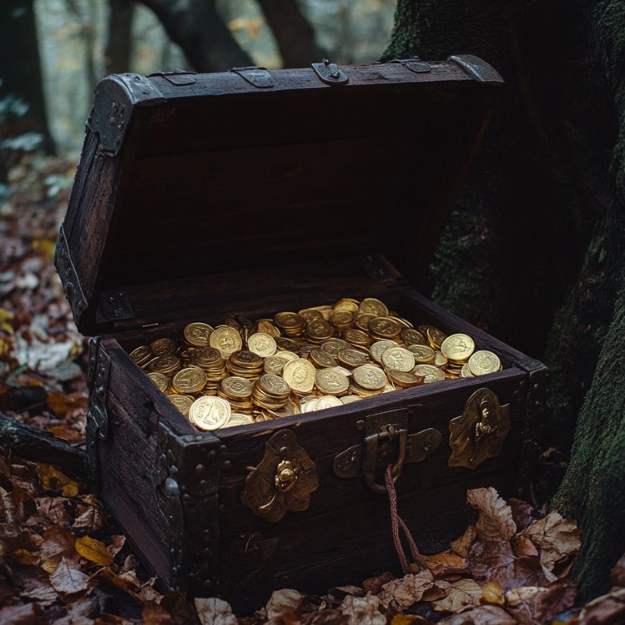 wooden chest containing gold coins