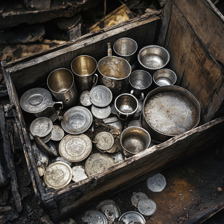 silver cups, plates, and coins in a wooden chest