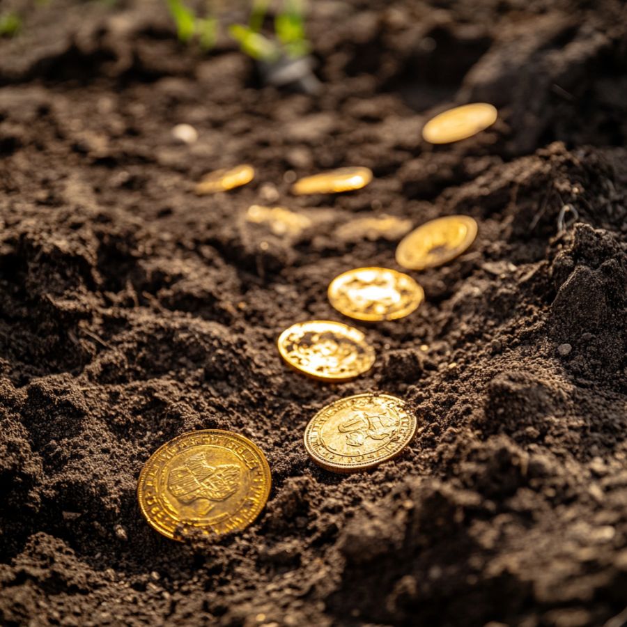 gold coins scattered on soil