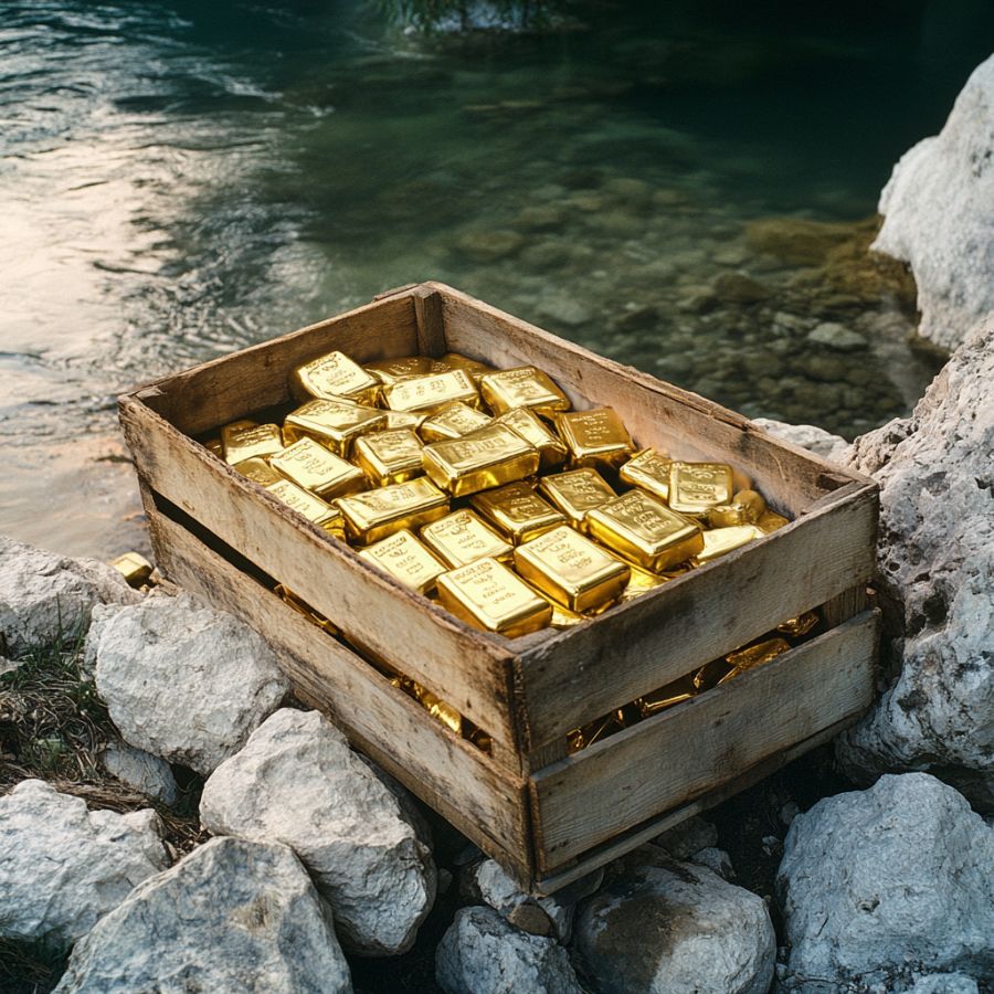 gold bars in a wooden crate along the banks of a river