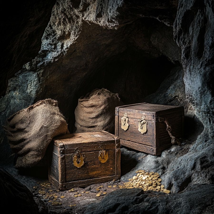 wooden chests and sacks with gold and silver coins