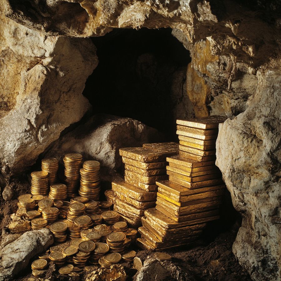 stacks of old gold coins and gold bars hidden in a rock crevice