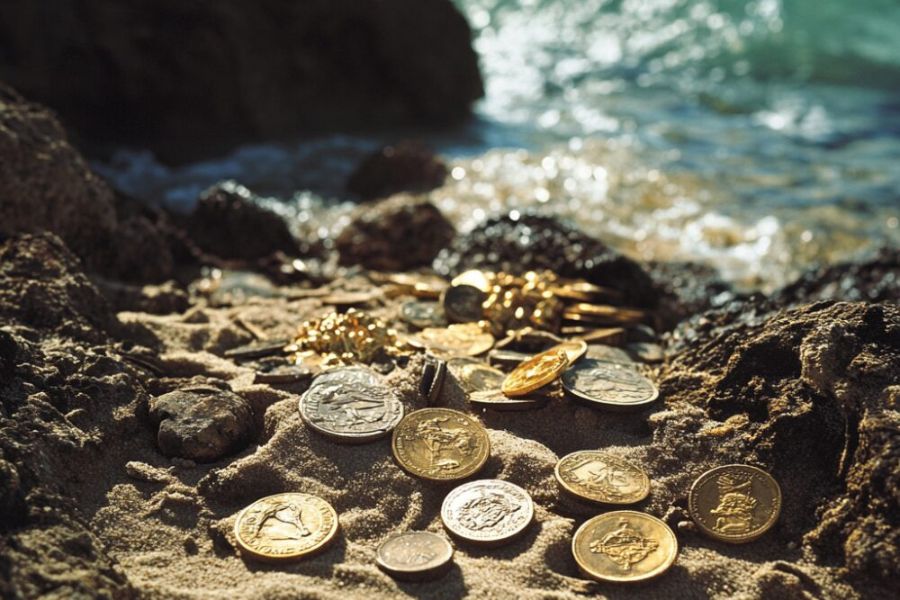 gold and silver coins on the beach