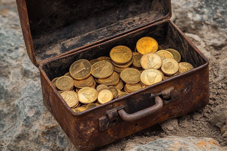 wooden chest with gold coins