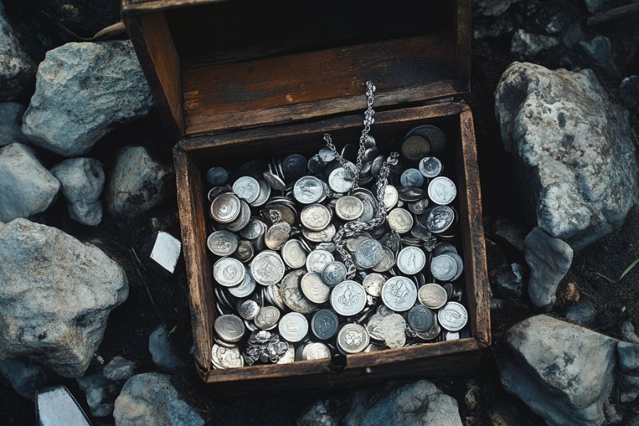 silver coins in a wooden chest