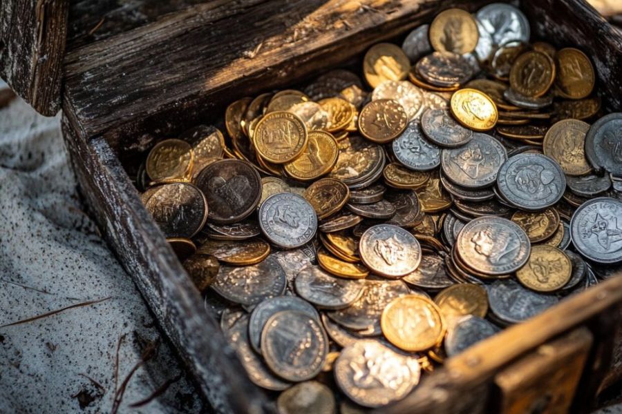 silver and gold coins in a wooden box