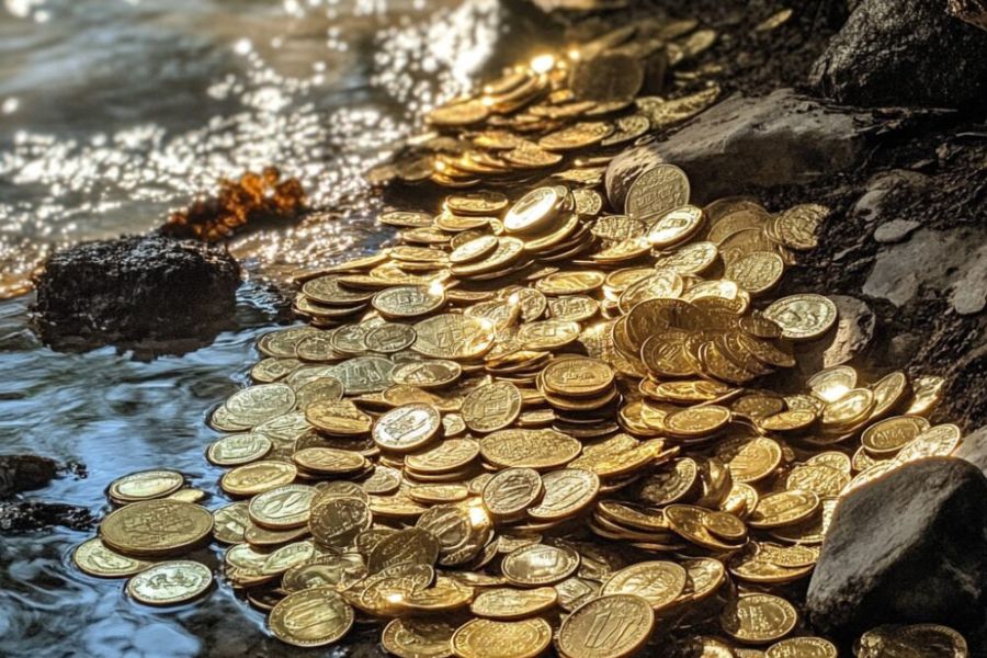 gold coins scattered on a beach