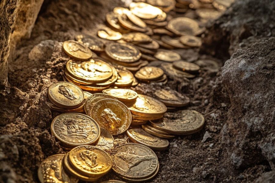 gold coins scattered on dirt