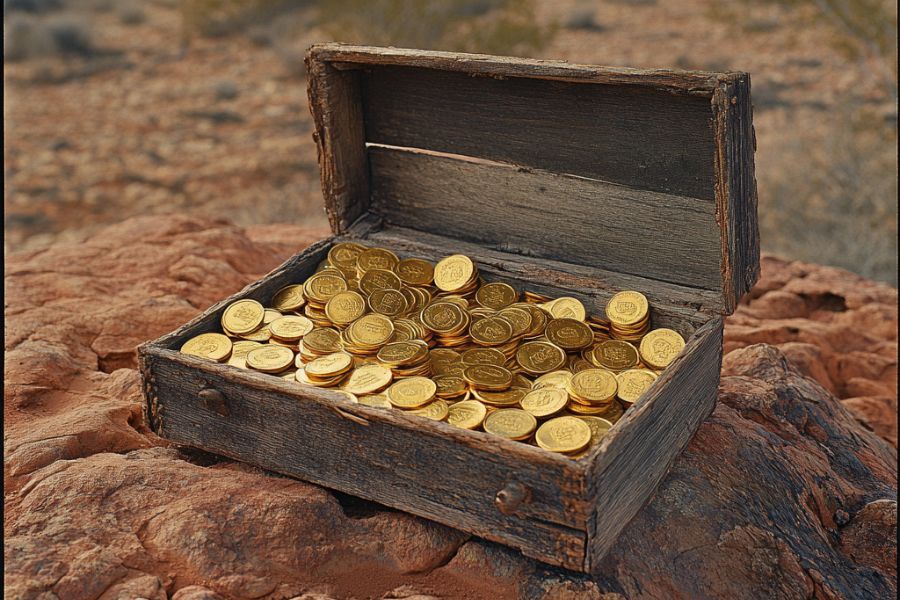 gold coins in a wooden box