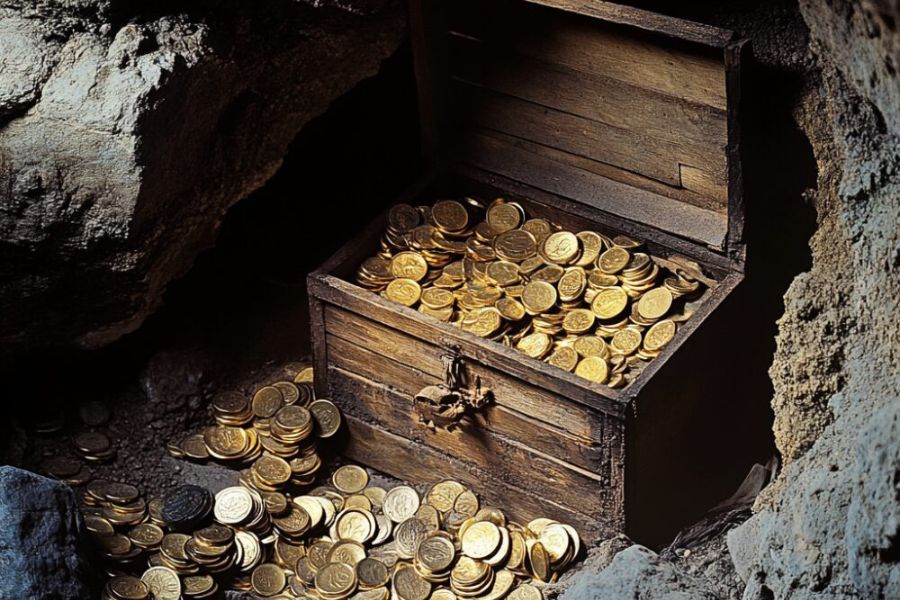 gold and silver coins in a wooden chest in a cave