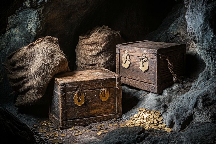 wooden chests and sacks with gold and silver coins