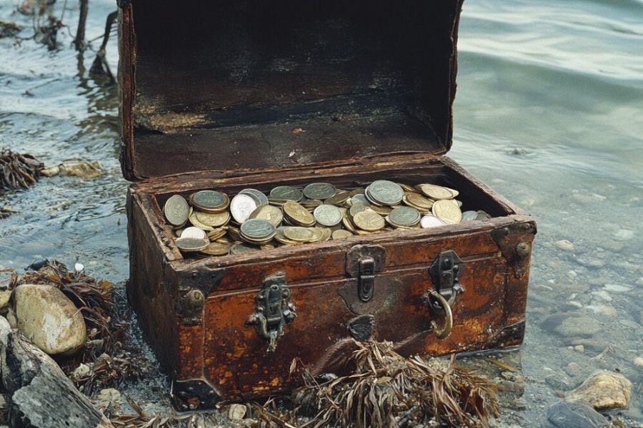 gold and silver coins in a wooden chest on a beach