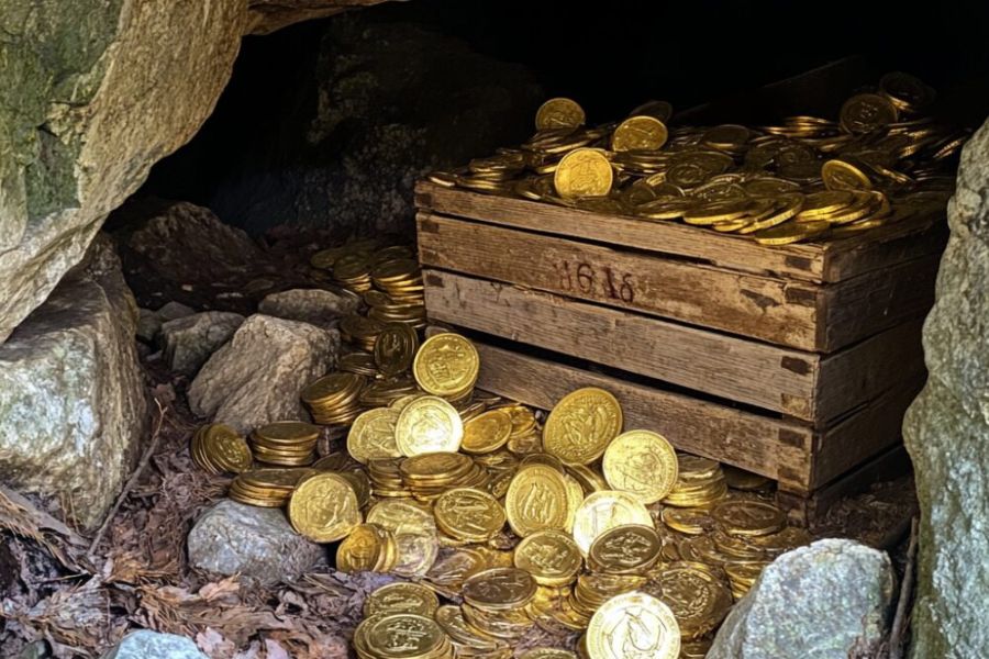 gold coins in a wooden box in a cave