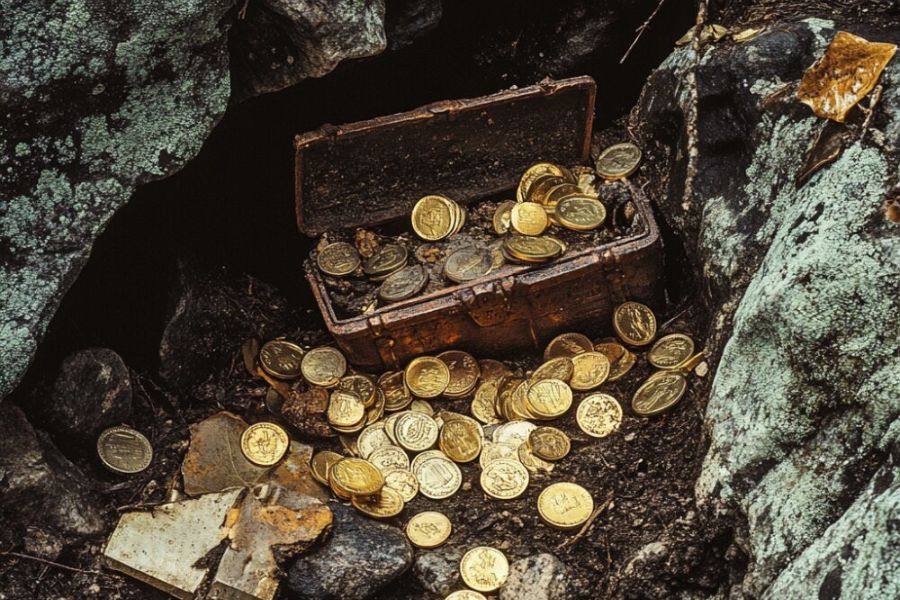 gold and silver coins in a wooden box