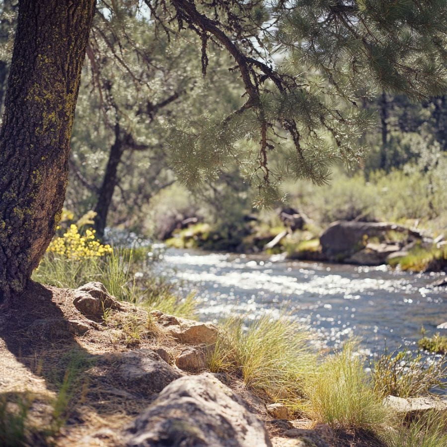 shrubs, trees, and rocks along a creek