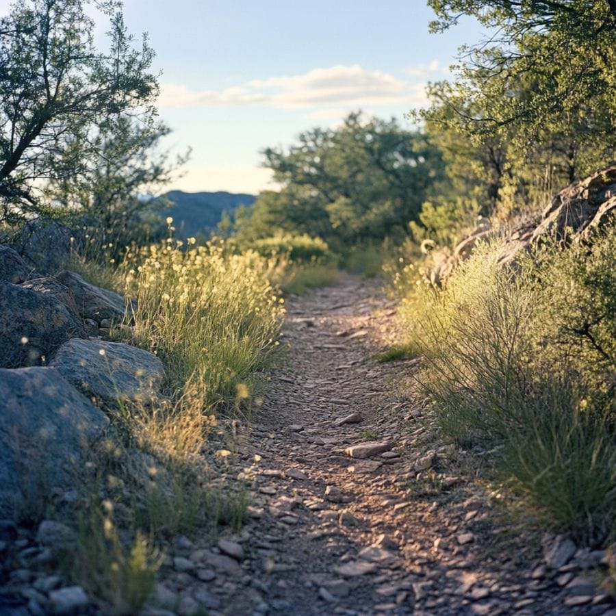 dirt-covered trail above a slope