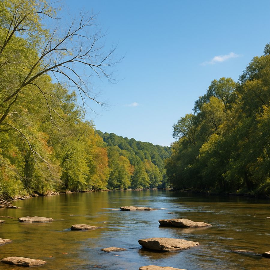 wide rocky river in a forest