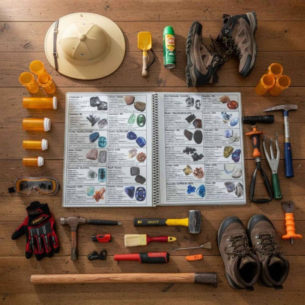 A variety of tools for finding rocks and minerals spread out