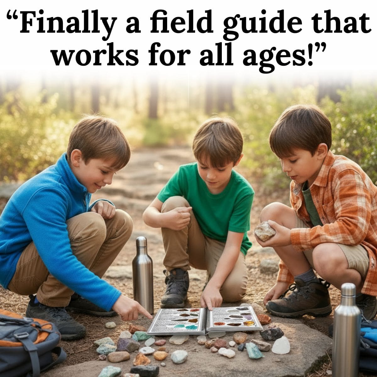 Three kids playing with California rocks and minerals