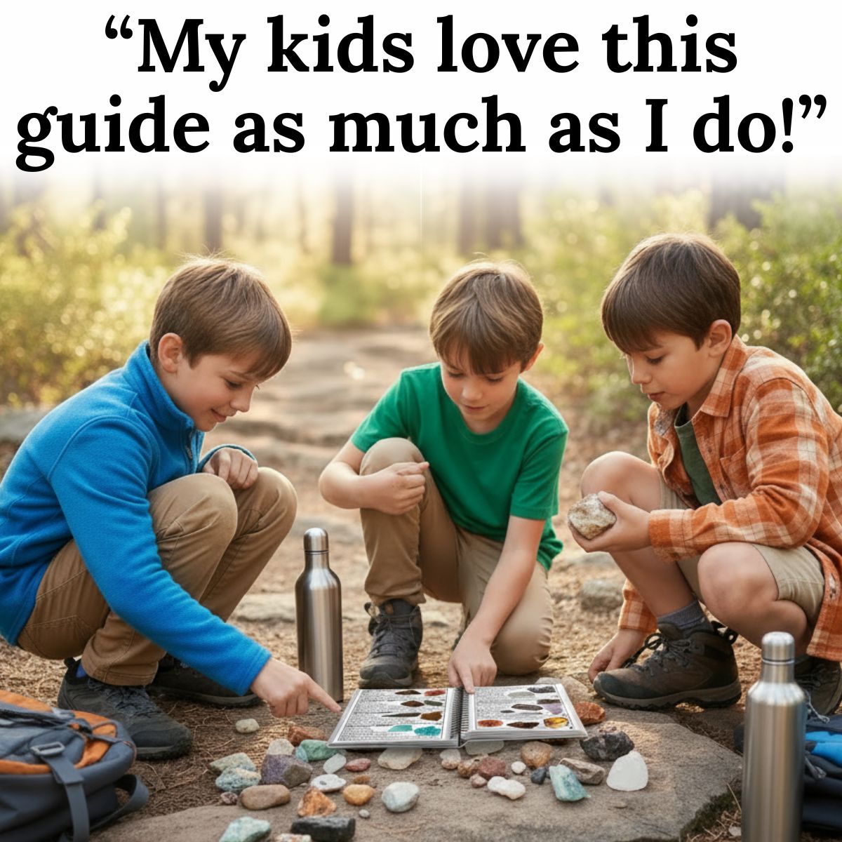 Three boys reading the New England field guide