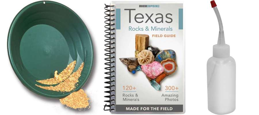 A gold pan a field guide and a snuffer bottle