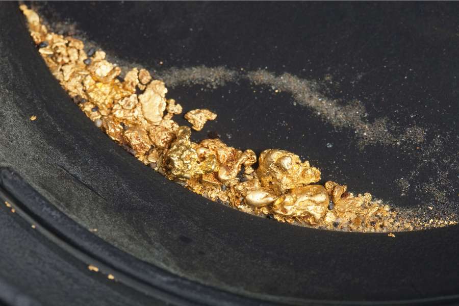 Several pieces of gold in a black gold panning pan