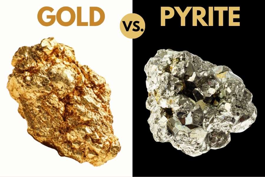 Comparison image between gold and pyrite showing both next to each other