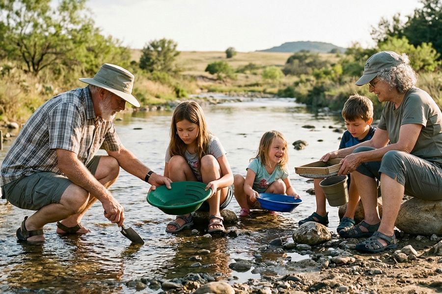 A family of two grandparents and three grandchildren having a good time panning for gold