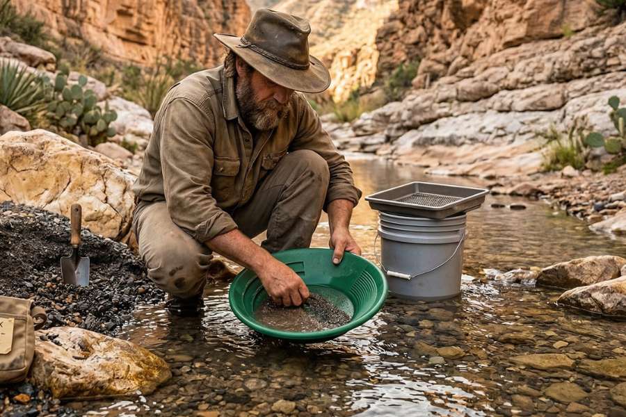 A man digging through a gold pan looking for gold