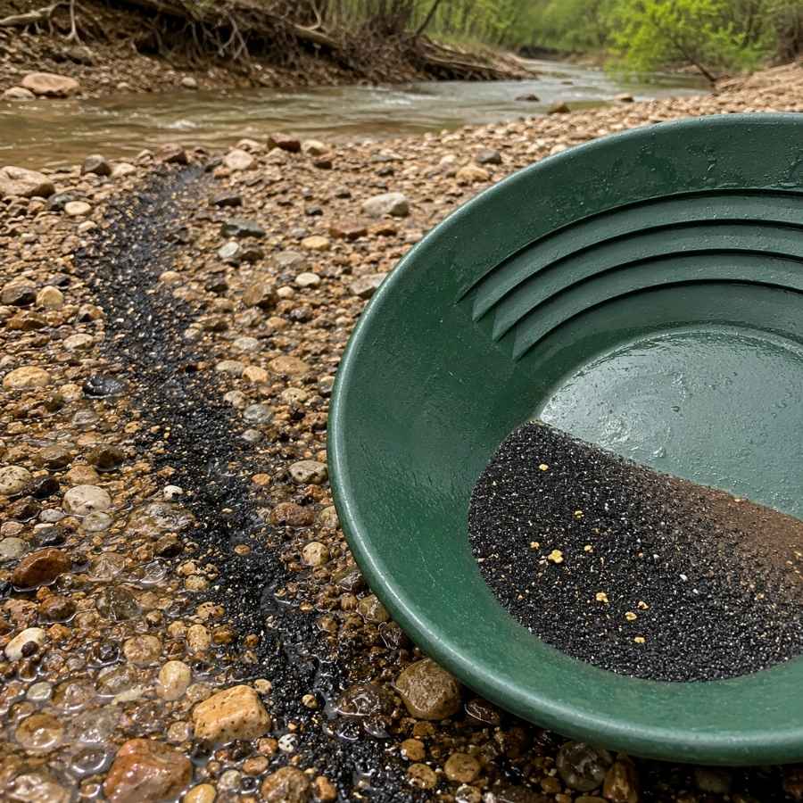 Black sand concentrates with fine gold collecting in a pan