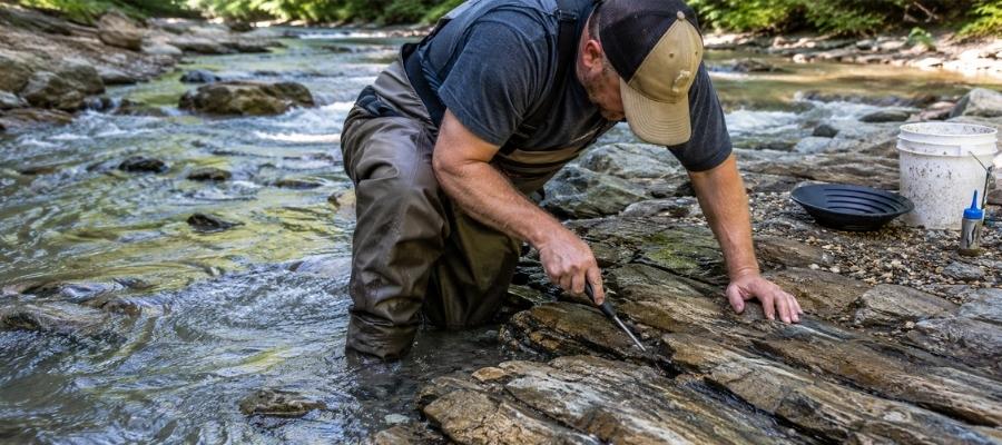 Crevicing for gold in bedrock cracks like those in Michigan creeks