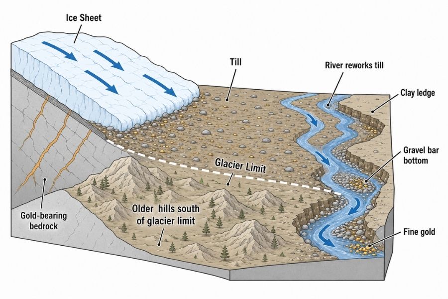 Diagram of how the glaciers carried gold into Michigan rivers and drift