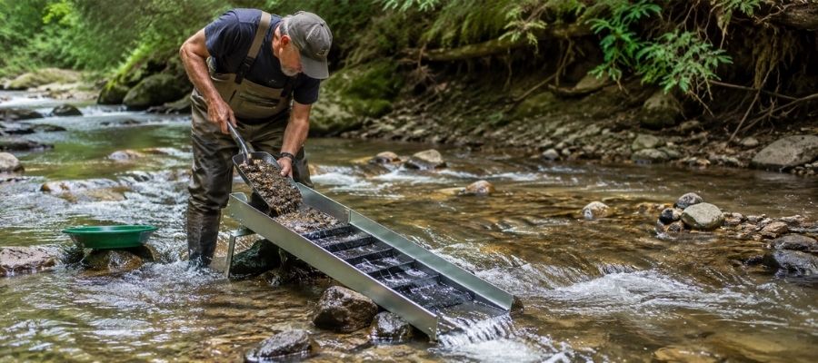 Prospector running a hand sluice in a river while gold prospecting