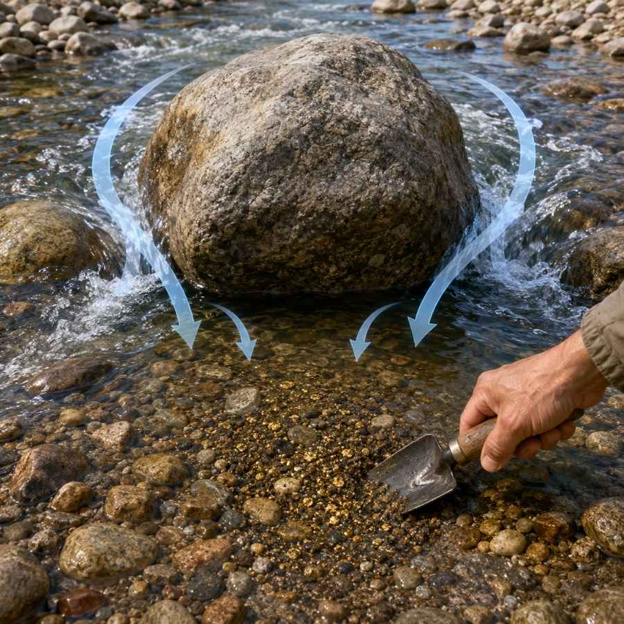 Slack water behind a boulder where gold drops out of the current in a Michigan river