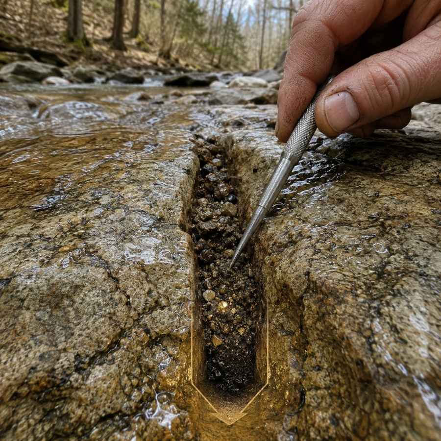 Gold trapped in bedrock cracks along an Upper Peninsula Michigan stream