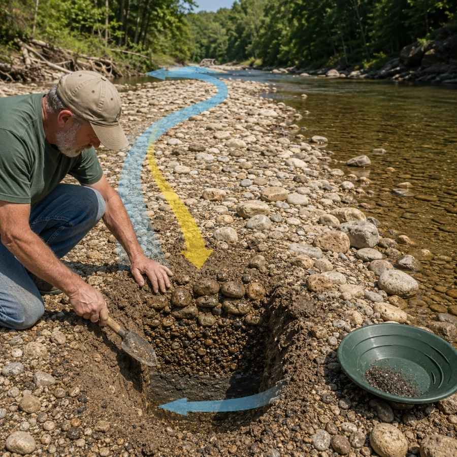 River gravel bar where fine placer gold settles in Michigan