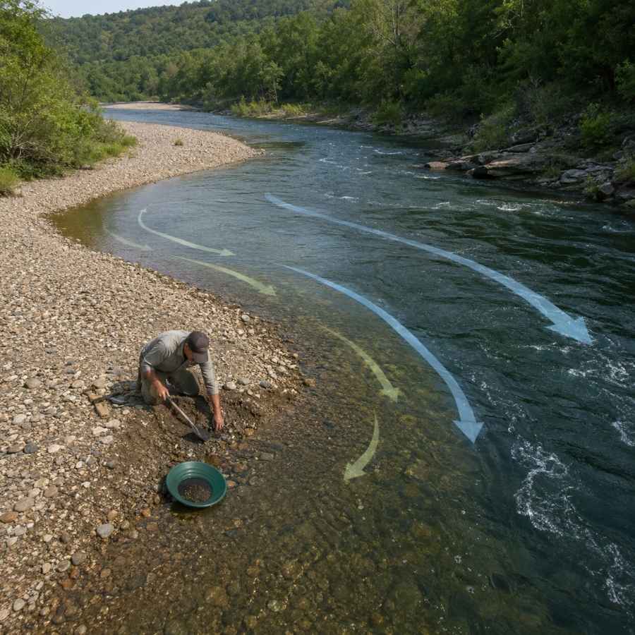 Gold collecting on the inside bend of a gold bearing river like those in Michigan