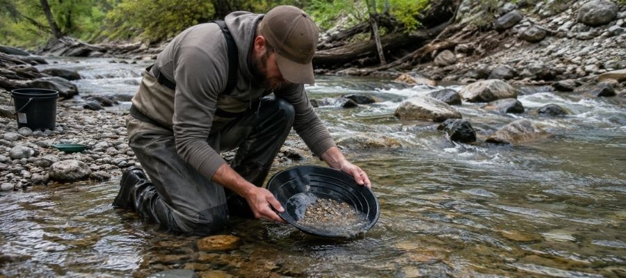 Panning for gold in a creek while prospecting in Michigan