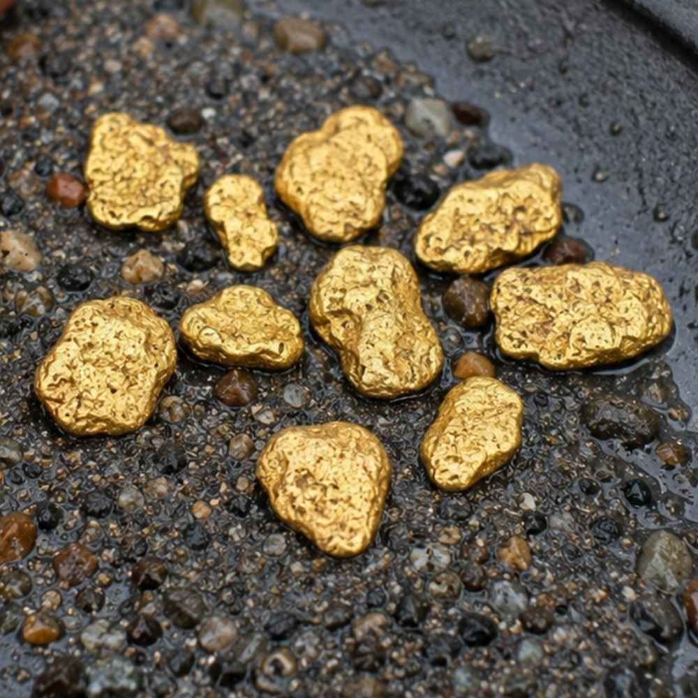Small natural gold nuggets in a gold pan like those found in Maine placer gravels