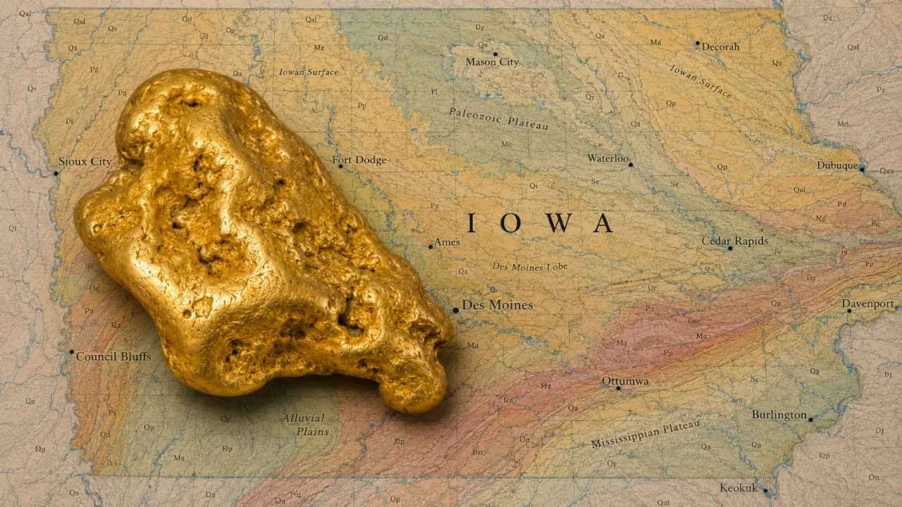 Gold nugget resting on a geological map of Iowa