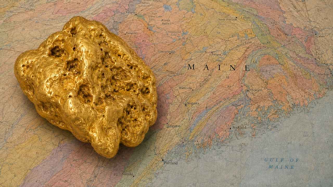 Gold nugget resting on a geological map of Maine