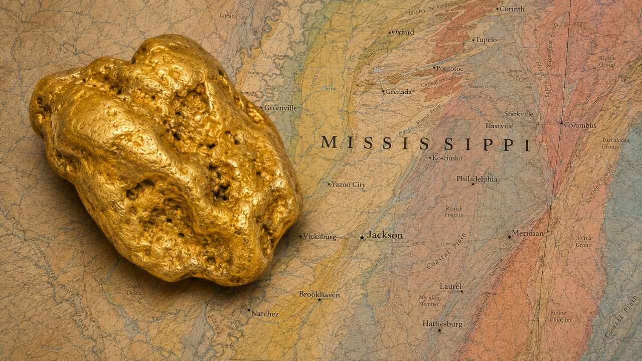 Gold nugget resting on a geological map of Mississippi