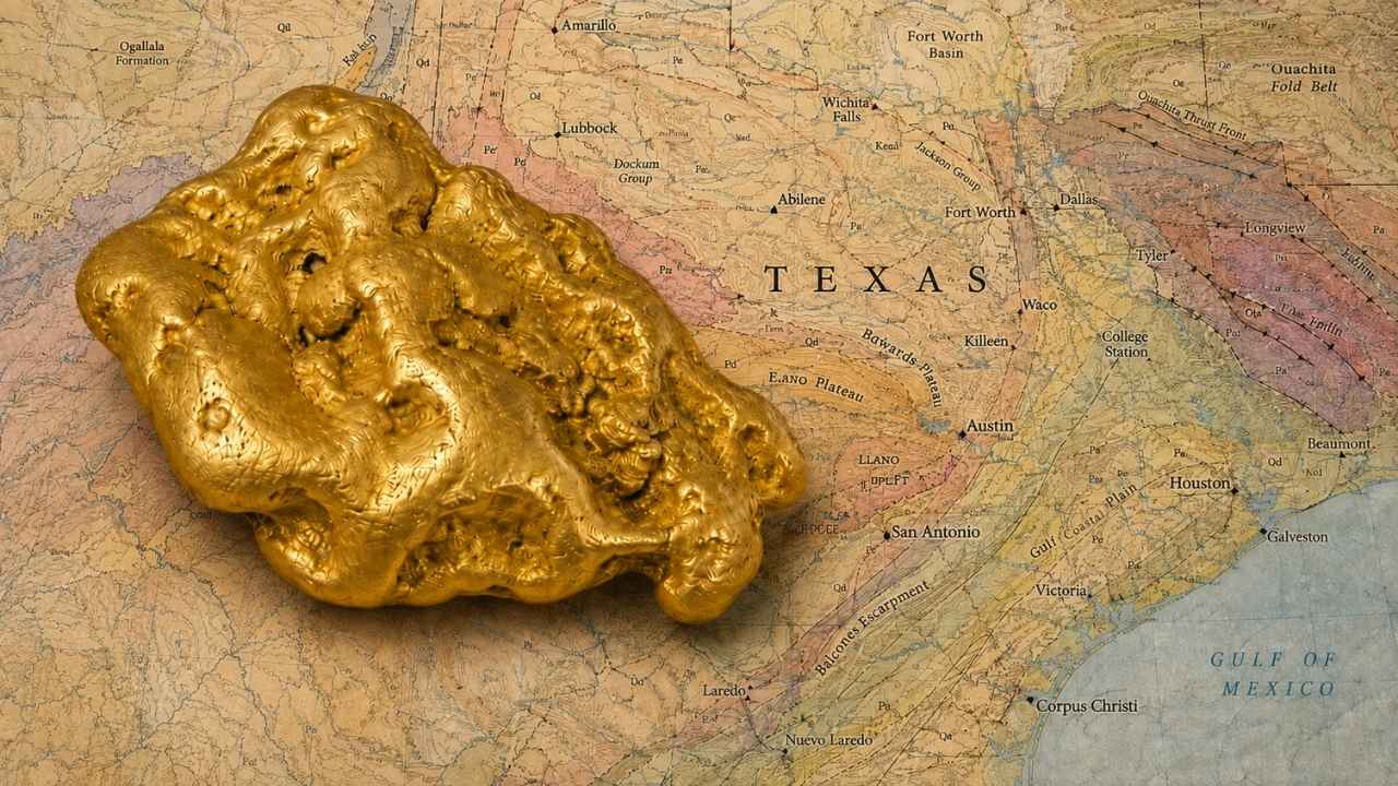 Gold nugget resting on a geological map of Texas