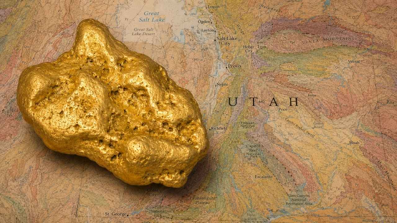 Gold nugget resting on a geological map of Utah