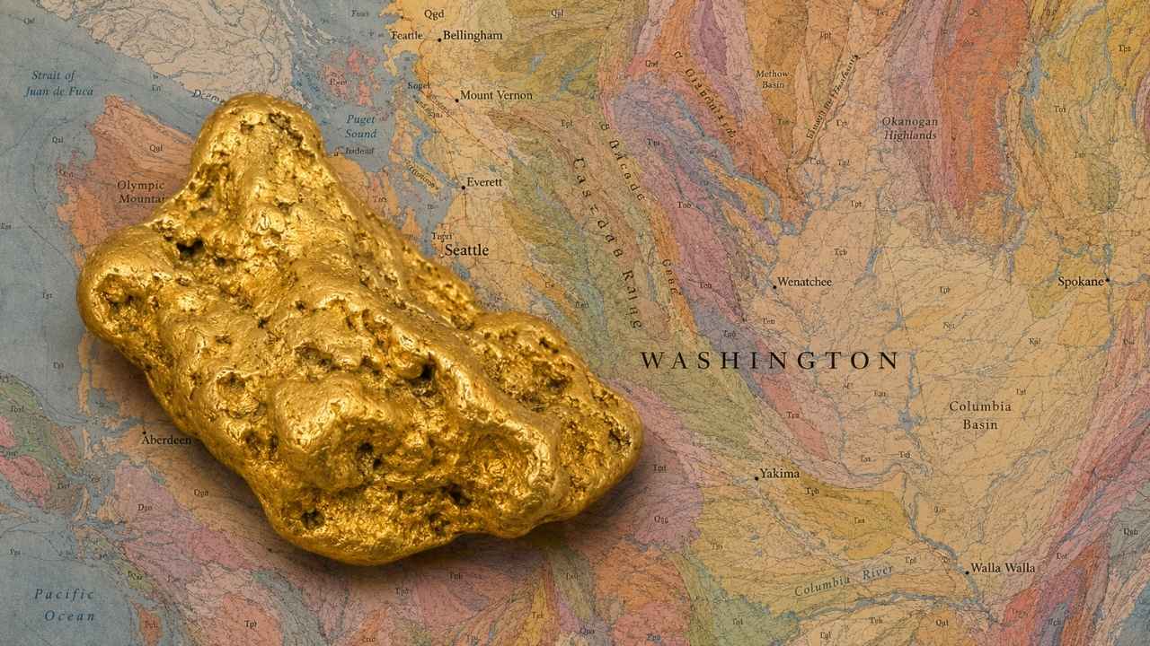 Gold nugget resting on a geological map of Washington